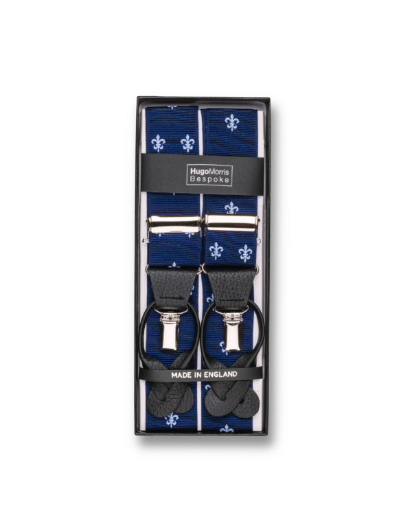 Braces - motif, navy with light blue fleur de lys